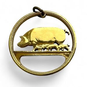 Vintage Irish Half Penny Coin Pendant Cut Coin Jewelry Pig & Piglets Ireland
